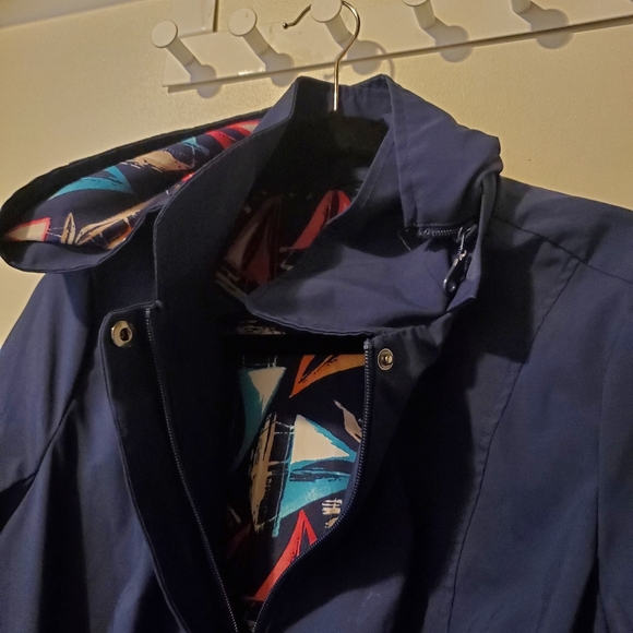 Chico’s Rain Jacket Navy Blue Pink Beige Stripes Coat, Petite Medium - Picture 10 of 11